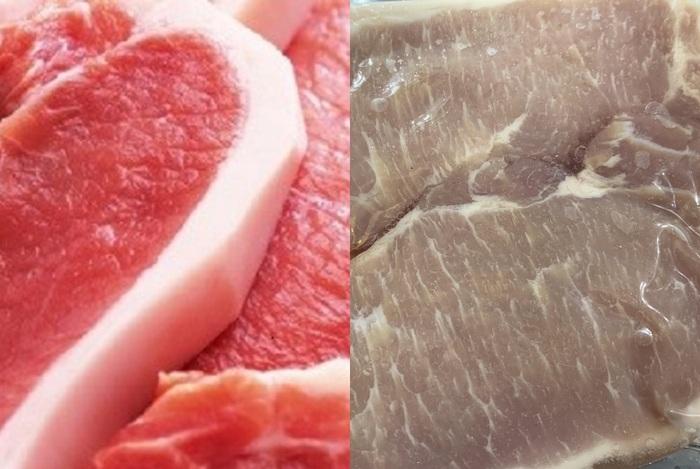 Thịt heo tươi sẽ có màu đỏ hồng hào (bên trái), còn những miếng thịt sẫm màu, màu nhợt nhạt thường là thịt heo cũ, không ngon (bên phải) 