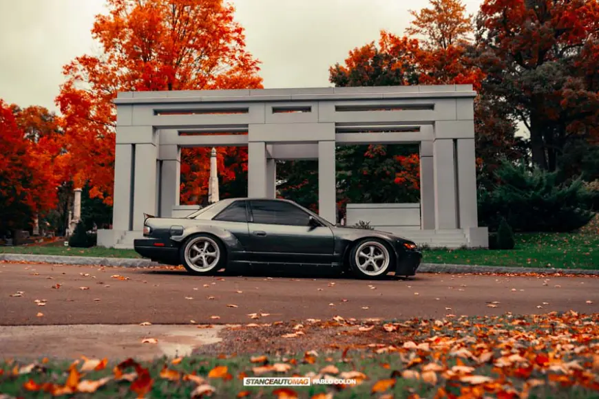 1993 Nissan Silvia shot nest to a monument